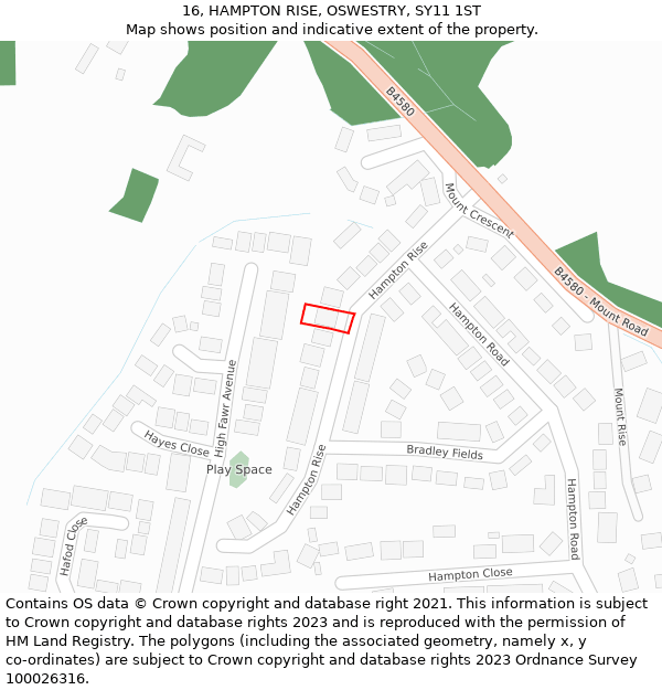 16, HAMPTON RISE, OSWESTRY, SY11 1ST: Location map and indicative extent of plot