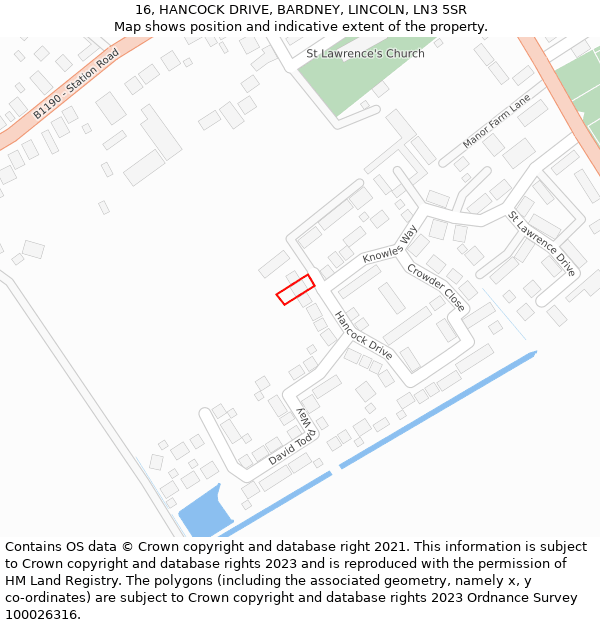 16, HANCOCK DRIVE, BARDNEY, LINCOLN, LN3 5SR: Location map and indicative extent of plot