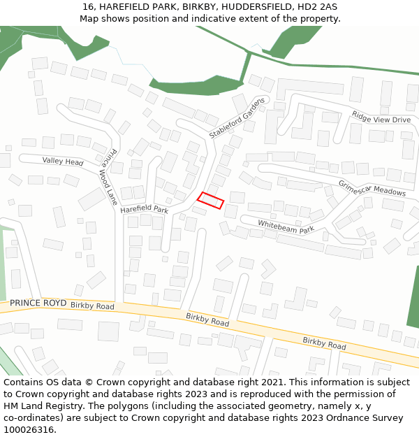 16, HAREFIELD PARK, BIRKBY, HUDDERSFIELD, HD2 2AS: Location map and indicative extent of plot