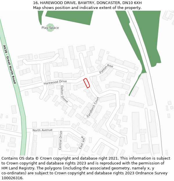 16, HAREWOOD DRIVE, BAWTRY, DONCASTER, DN10 6XH: Location map and indicative extent of plot