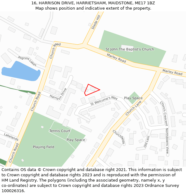 16, HARRISON DRIVE, HARRIETSHAM, MAIDSTONE, ME17 1BZ: Location map and indicative extent of plot