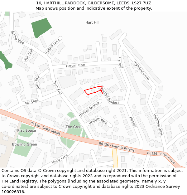 16, HARTHILL PADDOCK, GILDERSOME, LEEDS, LS27 7UZ: Location map and indicative extent of plot