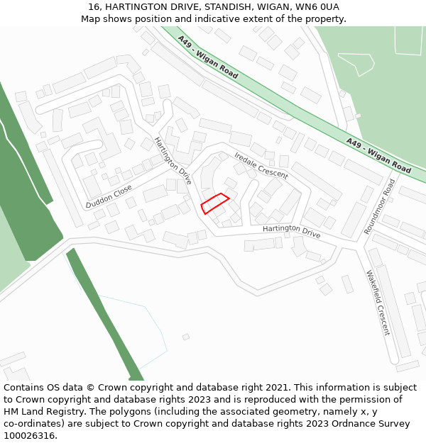 16, HARTINGTON DRIVE, STANDISH, WIGAN, WN6 0UA: Location map and indicative extent of plot