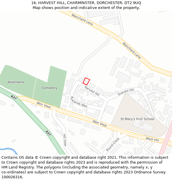 16, HARVEST HILL, CHARMINSTER, DORCHESTER, DT2 9UQ: Location map and indicative extent of plot