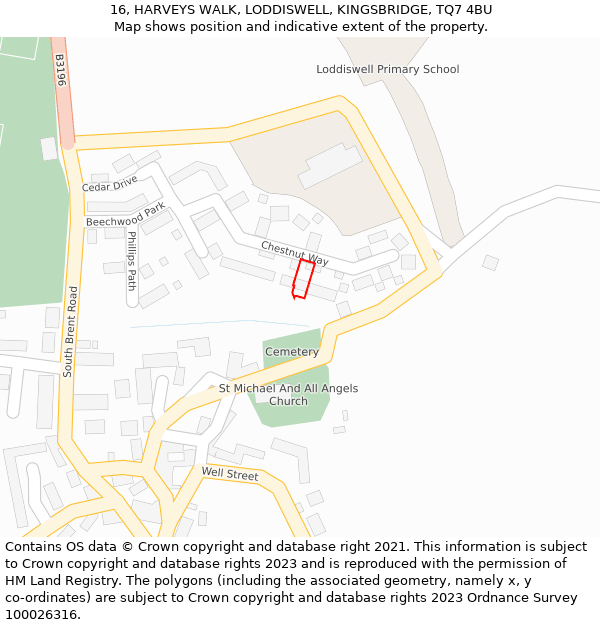 16, HARVEYS WALK, LODDISWELL, KINGSBRIDGE, TQ7 4BU: Location map and indicative extent of plot