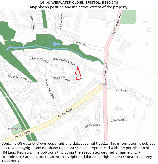 16, HAWESWATER CLOSE, BRISTOL, BS30 5XS: Location map and indicative extent of plot