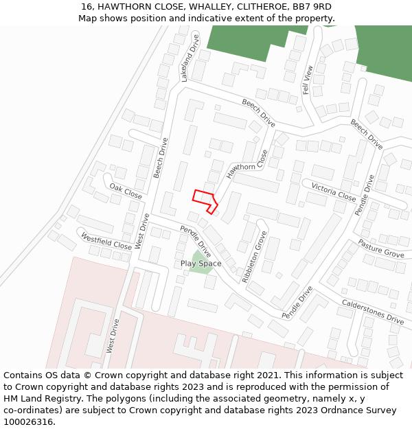 16, HAWTHORN CLOSE, WHALLEY, CLITHEROE, BB7 9RD: Location map and indicative extent of plot