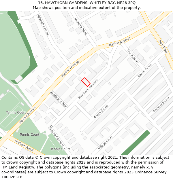 16, HAWTHORN GARDENS, WHITLEY BAY, NE26 3PQ: Location map and indicative extent of plot