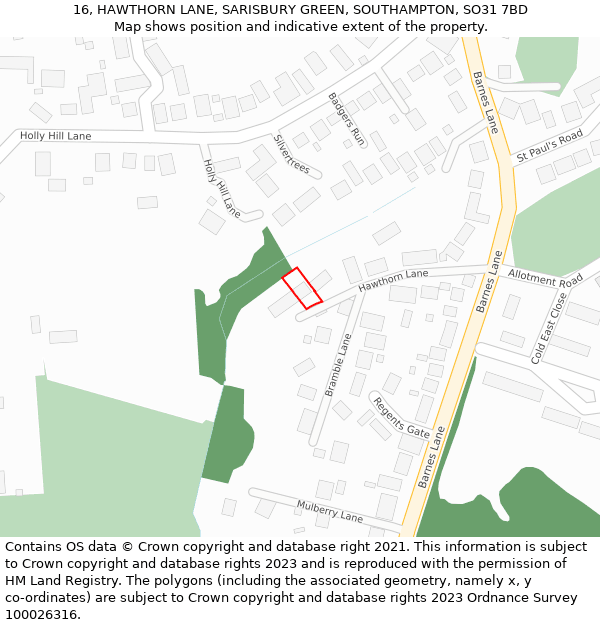 16, HAWTHORN LANE, SARISBURY GREEN, SOUTHAMPTON, SO31 7BD: Location map and indicative extent of plot