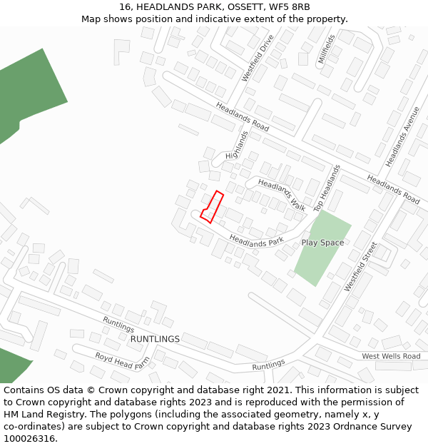 16, HEADLANDS PARK, OSSETT, WF5 8RB: Location map and indicative extent of plot