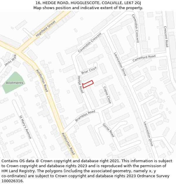 16, HEDGE ROAD, HUGGLESCOTE, COALVILLE, LE67 2GJ: Location map and indicative extent of plot