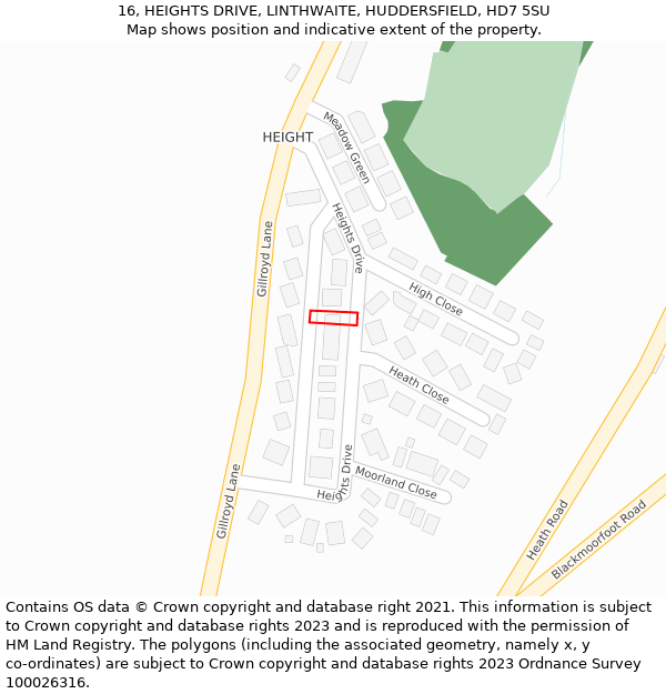 16, HEIGHTS DRIVE, LINTHWAITE, HUDDERSFIELD, HD7 5SU: Location map and indicative extent of plot