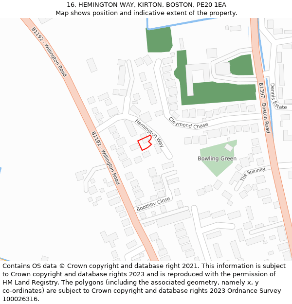 16, HEMINGTON WAY, KIRTON, BOSTON, PE20 1EA: Location map and indicative extent of plot