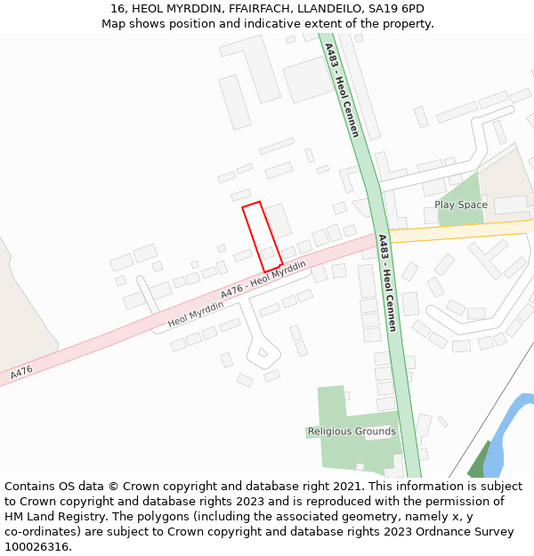 16, HEOL MYRDDIN, FFAIRFACH, LLANDEILO, SA19 6PD: Location map and indicative extent of plot