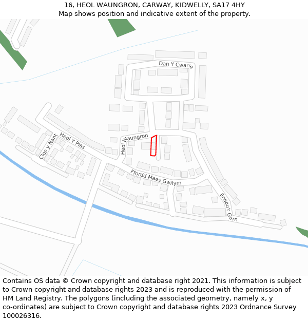 16, HEOL WAUNGRON, CARWAY, KIDWELLY, SA17 4HY: Location map and indicative extent of plot