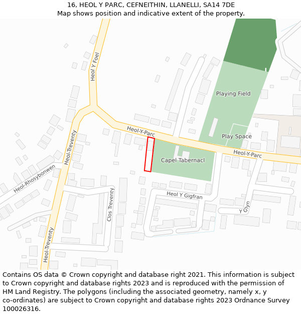 16, HEOL Y PARC, CEFNEITHIN, LLANELLI, SA14 7DE: Location map and indicative extent of plot