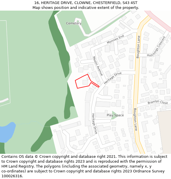 16, HERITAGE DRIVE, CLOWNE, CHESTERFIELD, S43 4ST: Location map and indicative extent of plot
