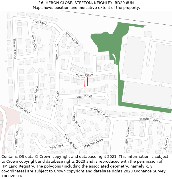 16, HERON CLOSE, STEETON, KEIGHLEY, BD20 6UN: Location map and indicative extent of plot