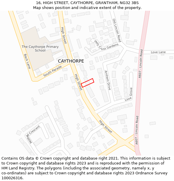 16, HIGH STREET, CAYTHORPE, GRANTHAM, NG32 3BS: Location map and indicative extent of plot