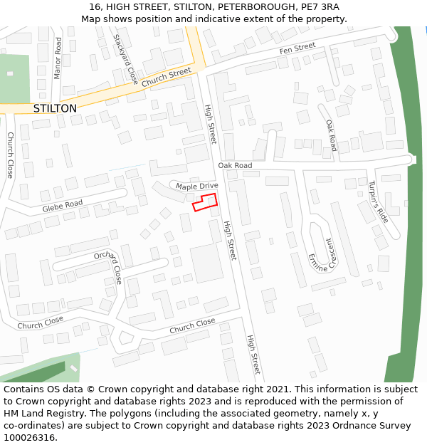 16, HIGH STREET, STILTON, PETERBOROUGH, PE7 3RA: Location map and indicative extent of plot