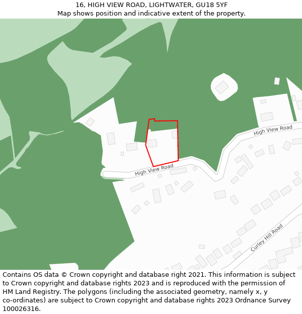 16, HIGH VIEW ROAD, LIGHTWATER, GU18 5YF: Location map and indicative extent of plot