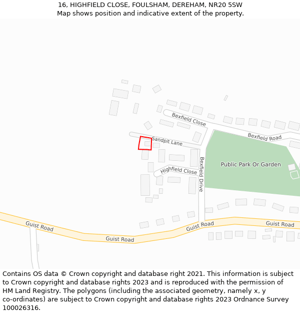 16, HIGHFIELD CLOSE, FOULSHAM, DEREHAM, NR20 5SW: Location map and indicative extent of plot