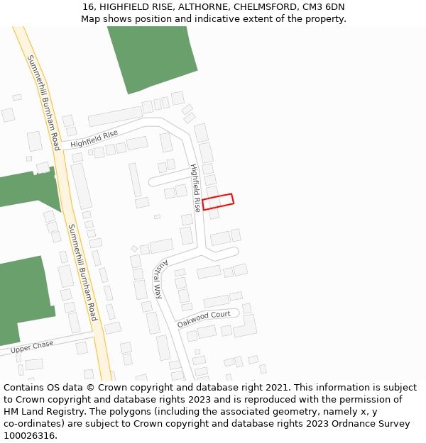 16, HIGHFIELD RISE, ALTHORNE, CHELMSFORD, CM3 6DN: Location map and indicative extent of plot