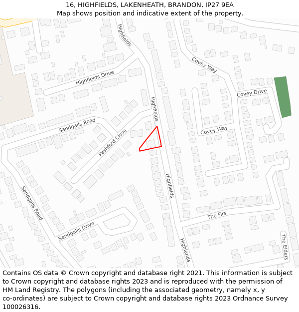 16, HIGHFIELDS, LAKENHEATH, BRANDON, IP27 9EA: Location map and indicative extent of plot