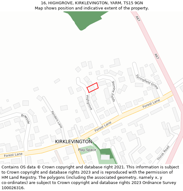 16, HIGHGROVE, KIRKLEVINGTON, YARM, TS15 9GN: Location map and indicative extent of plot