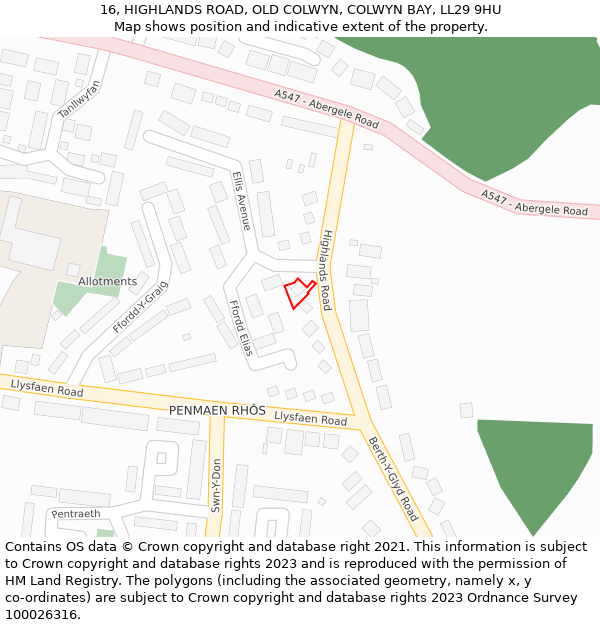 16, HIGHLANDS ROAD, OLD COLWYN, COLWYN BAY, LL29 9HU: Location map and indicative extent of plot