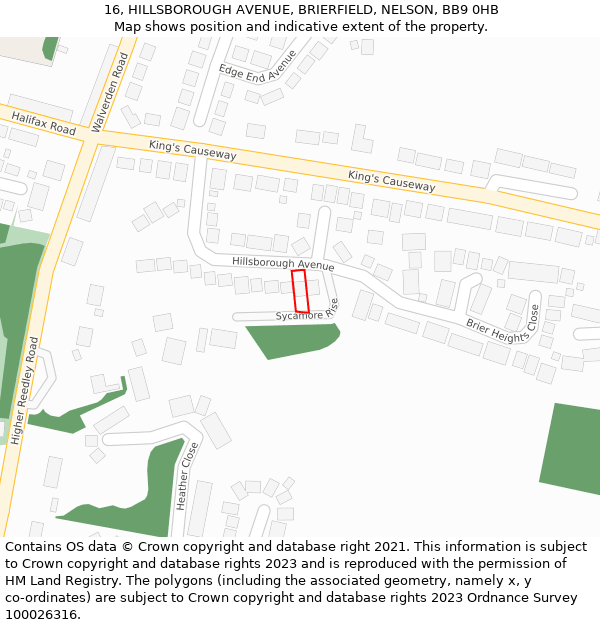 16, HILLSBOROUGH AVENUE, BRIERFIELD, NELSON, BB9 0HB: Location map and indicative extent of plot