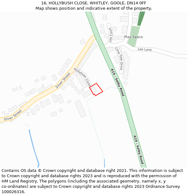 16, HOLLYBUSH CLOSE, WHITLEY, GOOLE, DN14 0FF: Location map and indicative extent of plot