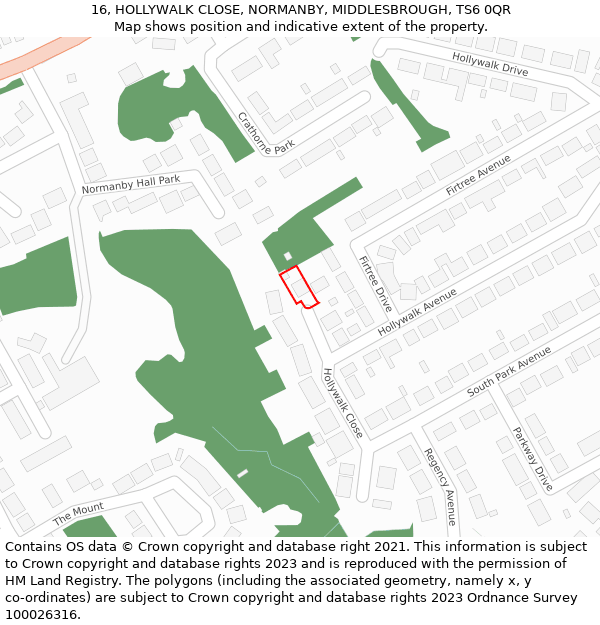 16, HOLLYWALK CLOSE, NORMANBY, MIDDLESBROUGH, TS6 0QR: Location map and indicative extent of plot