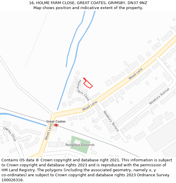 16, HOLME FARM CLOSE, GREAT COATES, GRIMSBY, DN37 9NZ: Location map and indicative extent of plot