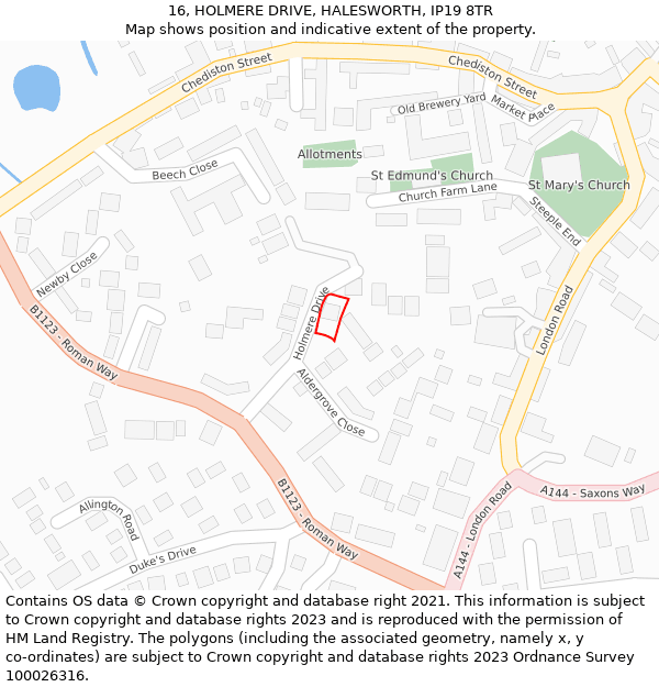 16, HOLMERE DRIVE, HALESWORTH, IP19 8TR: Location map and indicative extent of plot