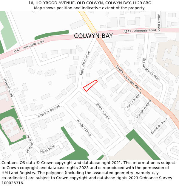16, HOLYROOD AVENUE, OLD COLWYN, COLWYN BAY, LL29 8BG: Location map and indicative extent of plot