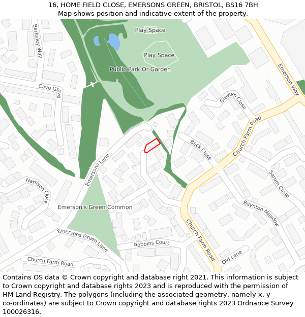 16, HOME FIELD CLOSE, EMERSONS GREEN, BRISTOL, BS16 7BH: Location map and indicative extent of plot