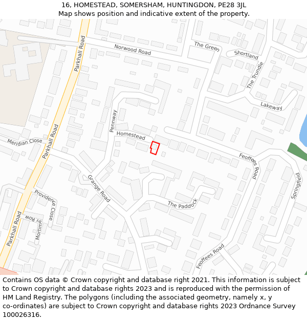 16, HOMESTEAD, SOMERSHAM, HUNTINGDON, PE28 3JL: Location map and indicative extent of plot