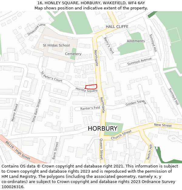 16, HONLEY SQUARE, HORBURY, WAKEFIELD, WF4 6AY: Location map and indicative extent of plot