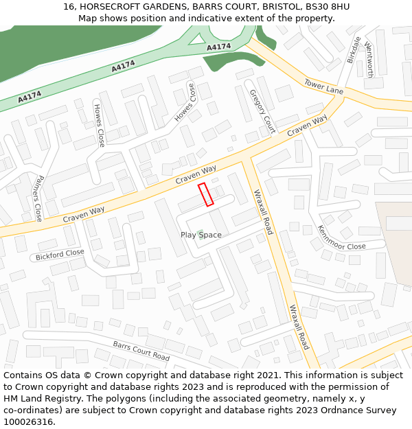 16, HORSECROFT GARDENS, BARRS COURT, BRISTOL, BS30 8HU: Location map and indicative extent of plot