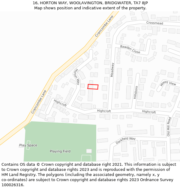 16, HORTON WAY, WOOLAVINGTON, BRIDGWATER, TA7 8JP: Location map and indicative extent of plot