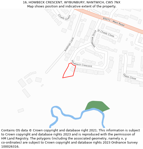 16, HOWBECK CRESCENT, WYBUNBURY, NANTWICH, CW5 7NX: Location map and indicative extent of plot