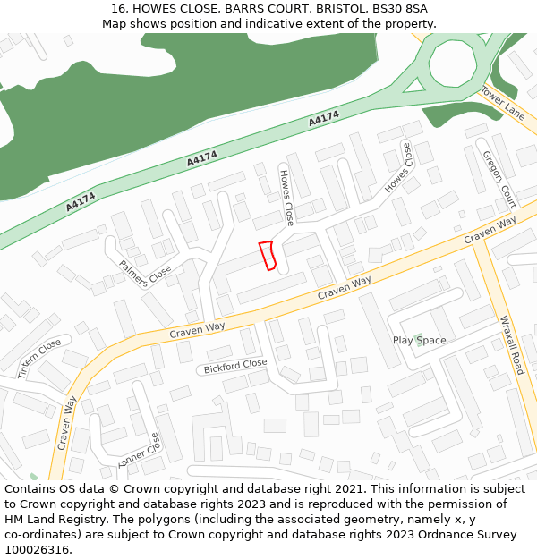 16, HOWES CLOSE, BARRS COURT, BRISTOL, BS30 8SA: Location map and indicative extent of plot