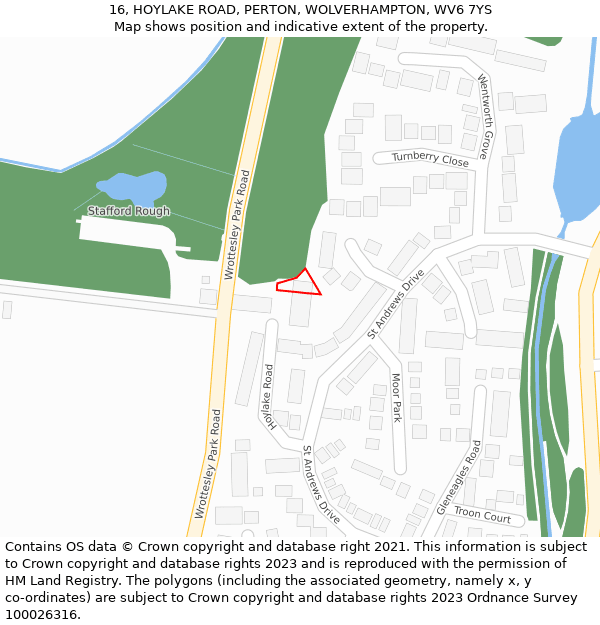 16, HOYLAKE ROAD, PERTON, WOLVERHAMPTON, WV6 7YS: Location map and indicative extent of plot