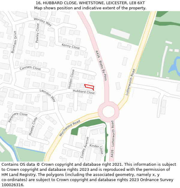 16, HUBBARD CLOSE, WHETSTONE, LEICESTER, LE8 6XT: Location map and indicative extent of plot