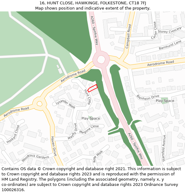 16, HUNT CLOSE, HAWKINGE, FOLKESTONE, CT18 7FJ: Location map and indicative extent of plot