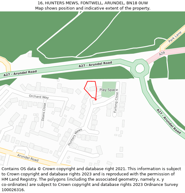 16, HUNTERS MEWS, FONTWELL, ARUNDEL, BN18 0UW: Location map and indicative extent of plot