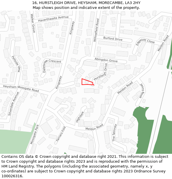 16, HURSTLEIGH DRIVE, HEYSHAM, MORECAMBE, LA3 2HY: Location map and indicative extent of plot