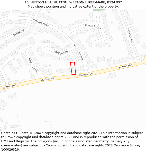 16, HUTTON HILL, HUTTON, WESTON-SUPER-MARE, BS24 9SY: Location map and indicative extent of plot