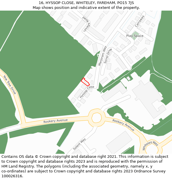 16, HYSSOP CLOSE, WHITELEY, FAREHAM, PO15 7JS: Location map and indicative extent of plot